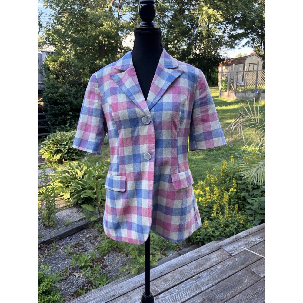 English Factory Women’s Checkered Blazer 100% Cotton Blue White Pink Sz M